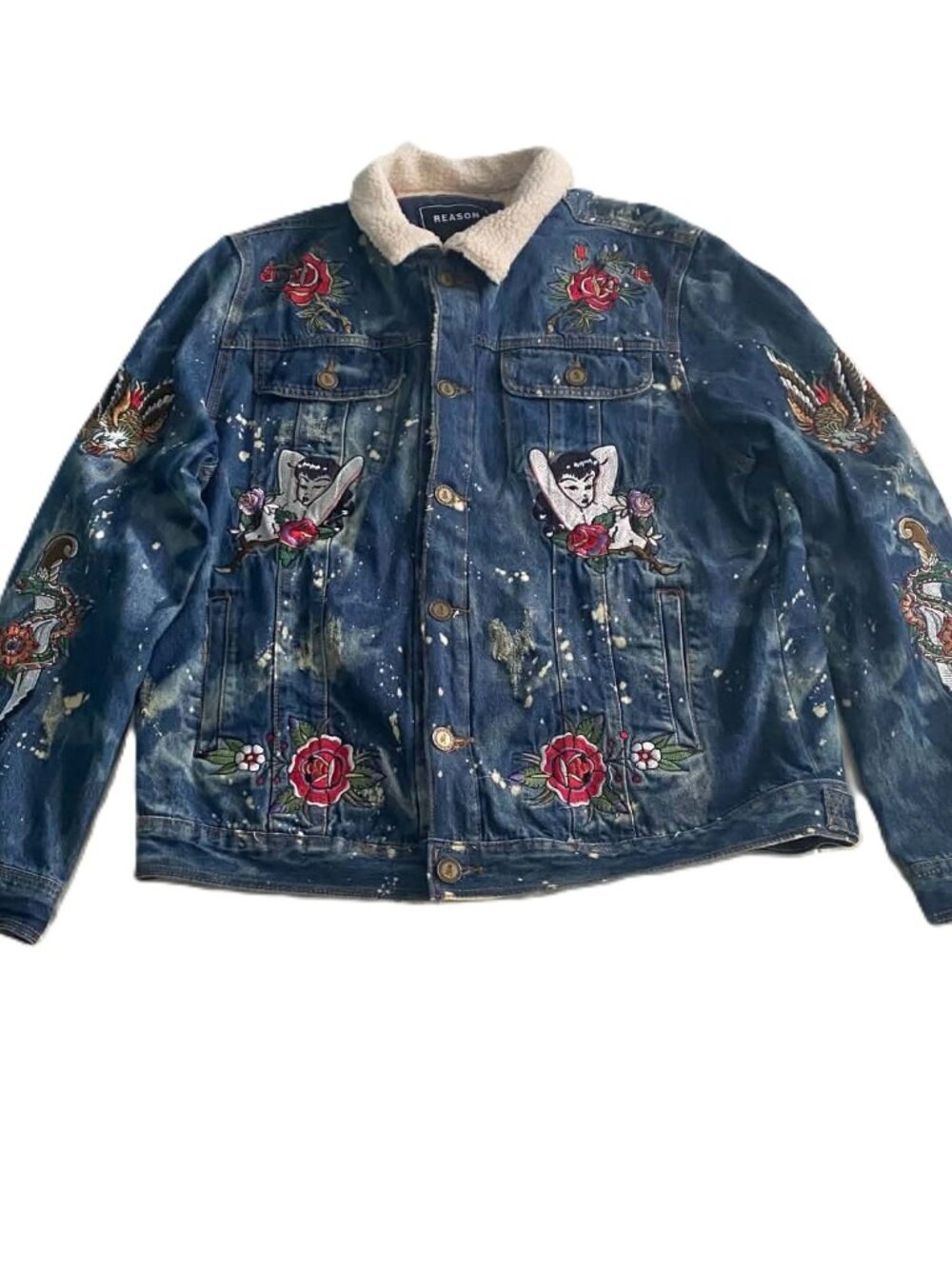 Reason NYC XL Sherpa Denim Jacket Embroidered Roses Dragon Eagle Distressed